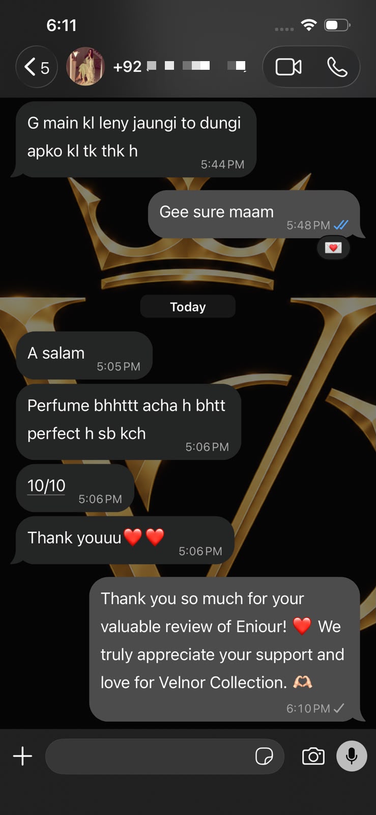 Customer WhatsApp review screenshot