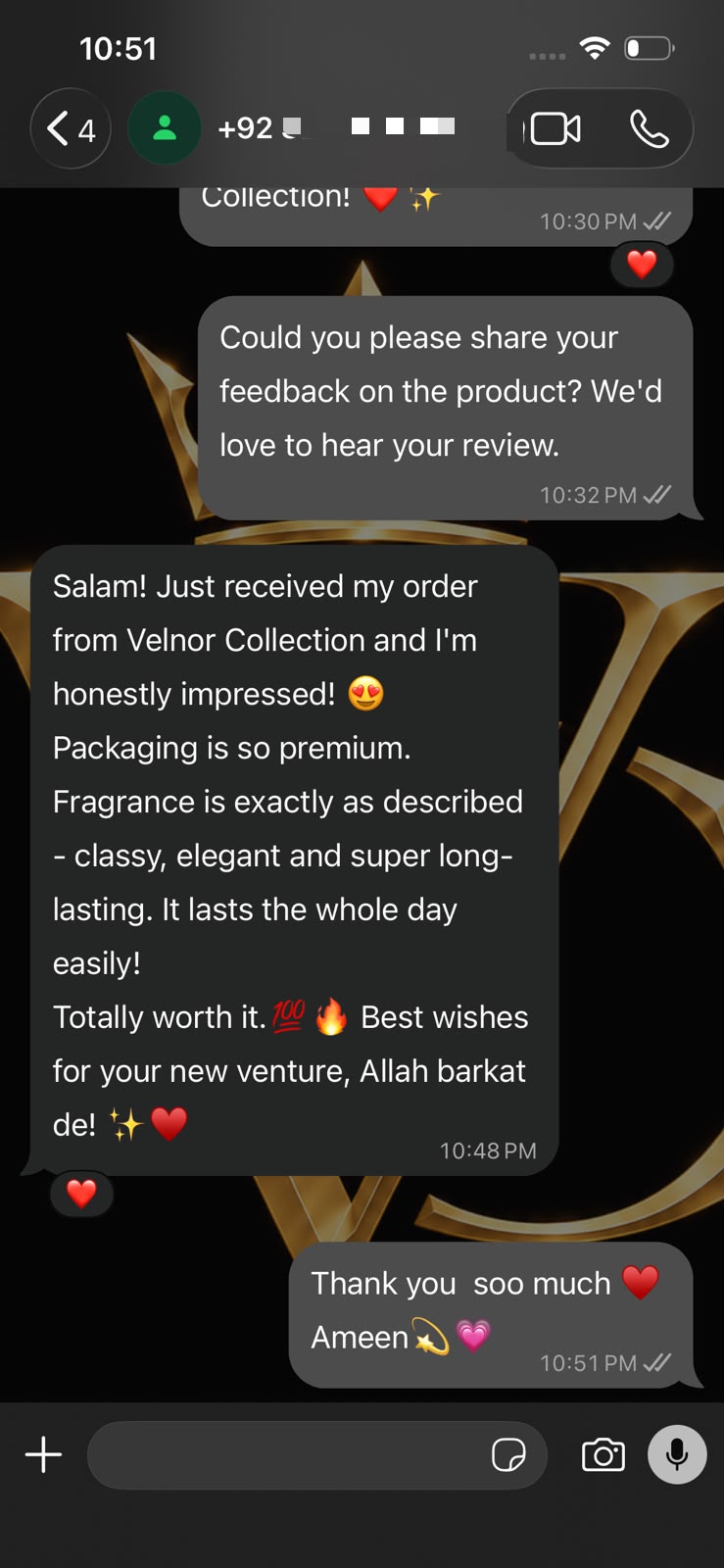 Customer WhatsApp review screenshot